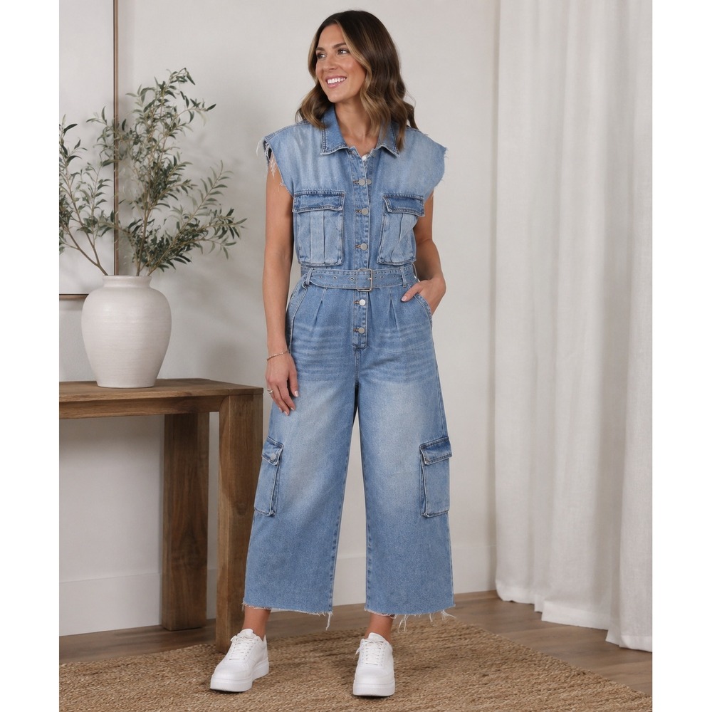 Blank NYC Denim Utility Jumpsuit Light Wash Sleeveless Cargo Belted Size S